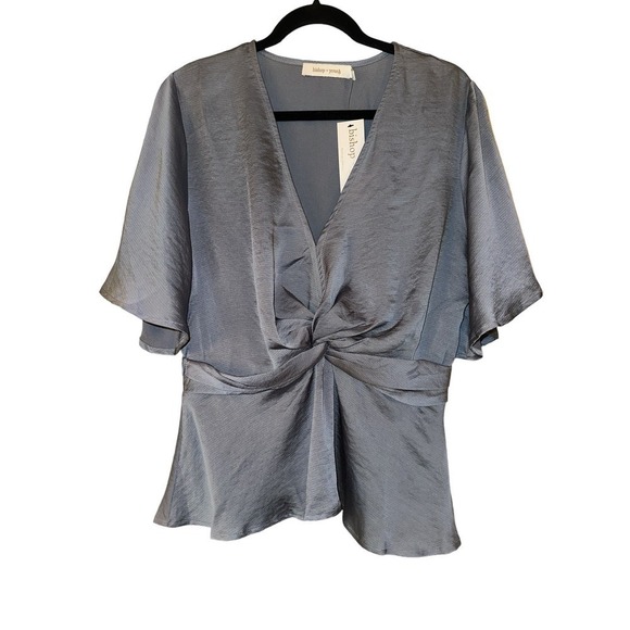 Bishop + Young Women's Soft Pebbled Satin Front Twist Karlie Top Size L Blue NWT - Picture 2 of 11